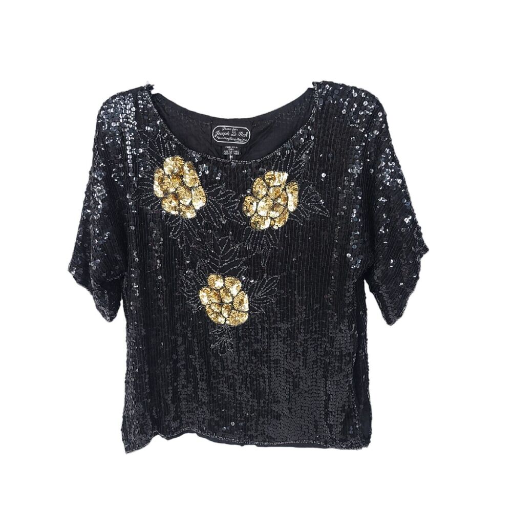 Joseph Le Bon Blouse Womens Medium Vintage Silk Beaded Short Sleeve Sequin Top